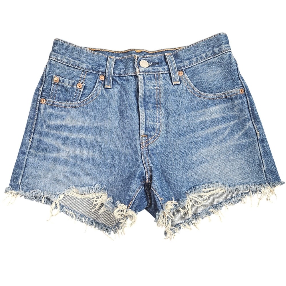 Levis 501 Cut Off Jean Shorts Womens 26 Blue Denim High Rise Button Fly Premium